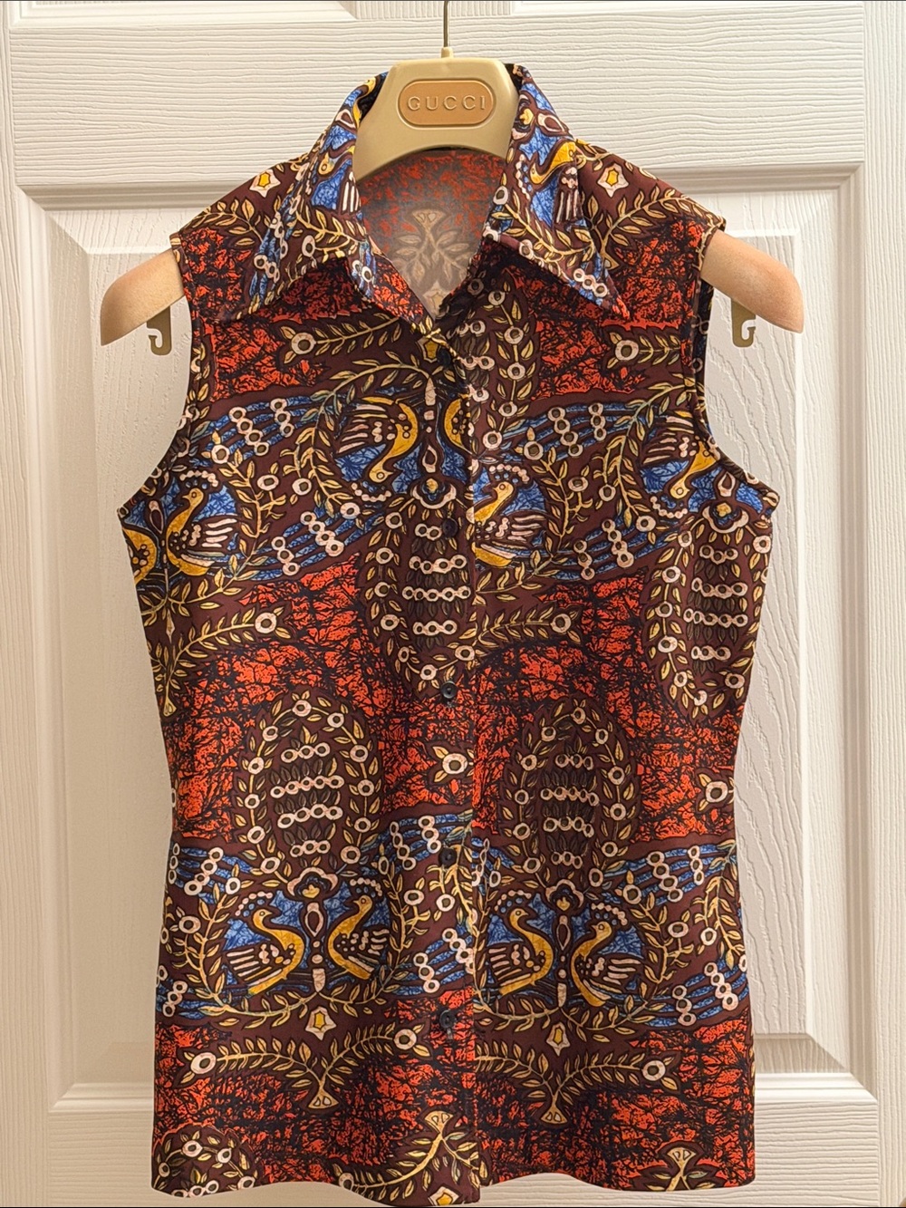 Vintage 70’s Sleeveless Printed Collared Top in Brown, Red, Blue and Gold set